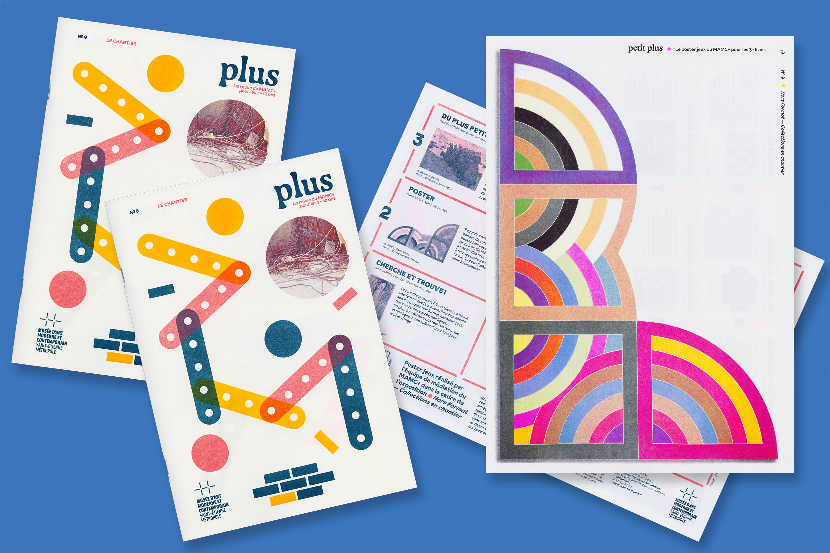 Identité visuelle, design graphique et impression riso de la revue Plus et du poster jeux Petit Plus du MAMC+