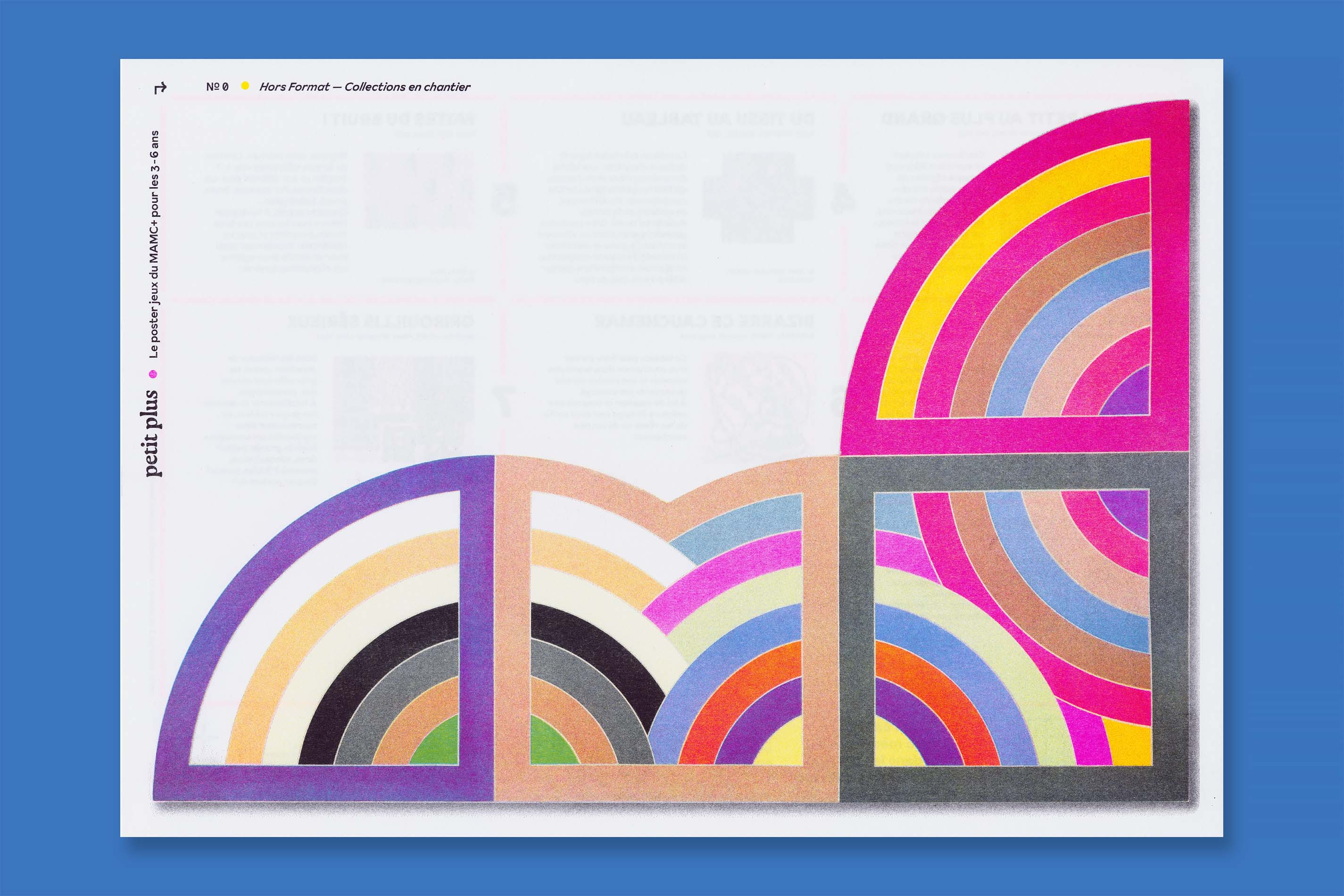 Identité visuelle, design graphique et impression riso de la revue Plus et du poster jeux Petit Plus du MAMC+