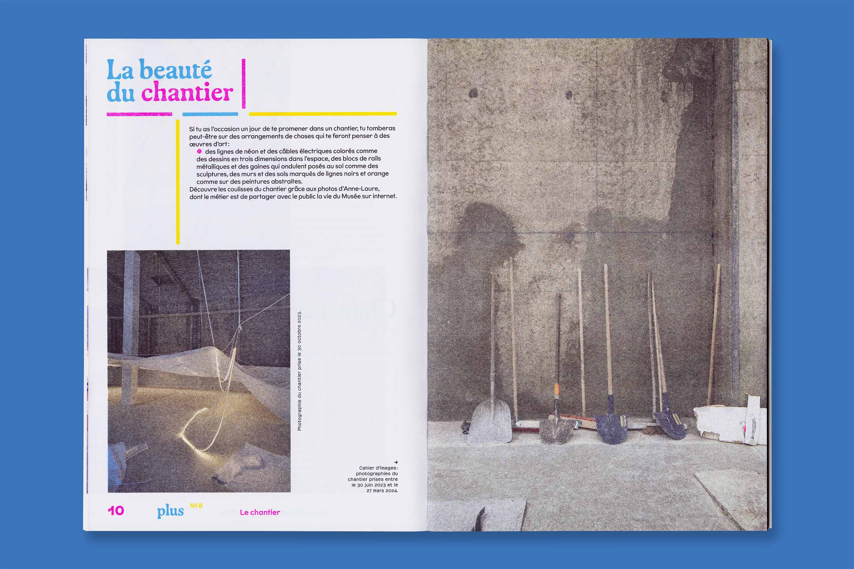 Identité visuelle, design graphique et impression riso de la revue Plus et du poster jeux Petit Plus du MAMC+
