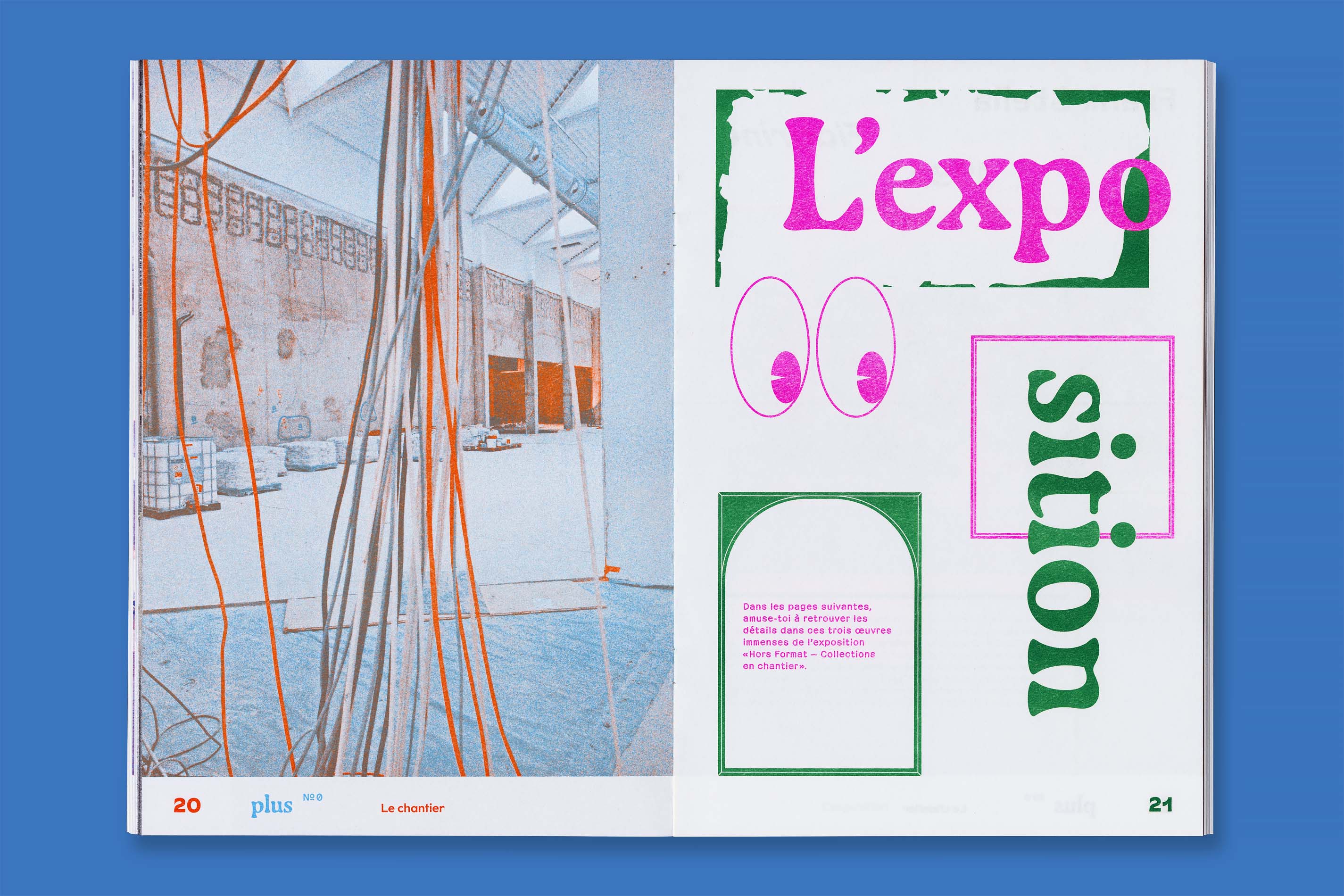 Identité visuelle, design graphique et impression riso de la revue Plus et du poster jeux Petit Plus du MAMC+