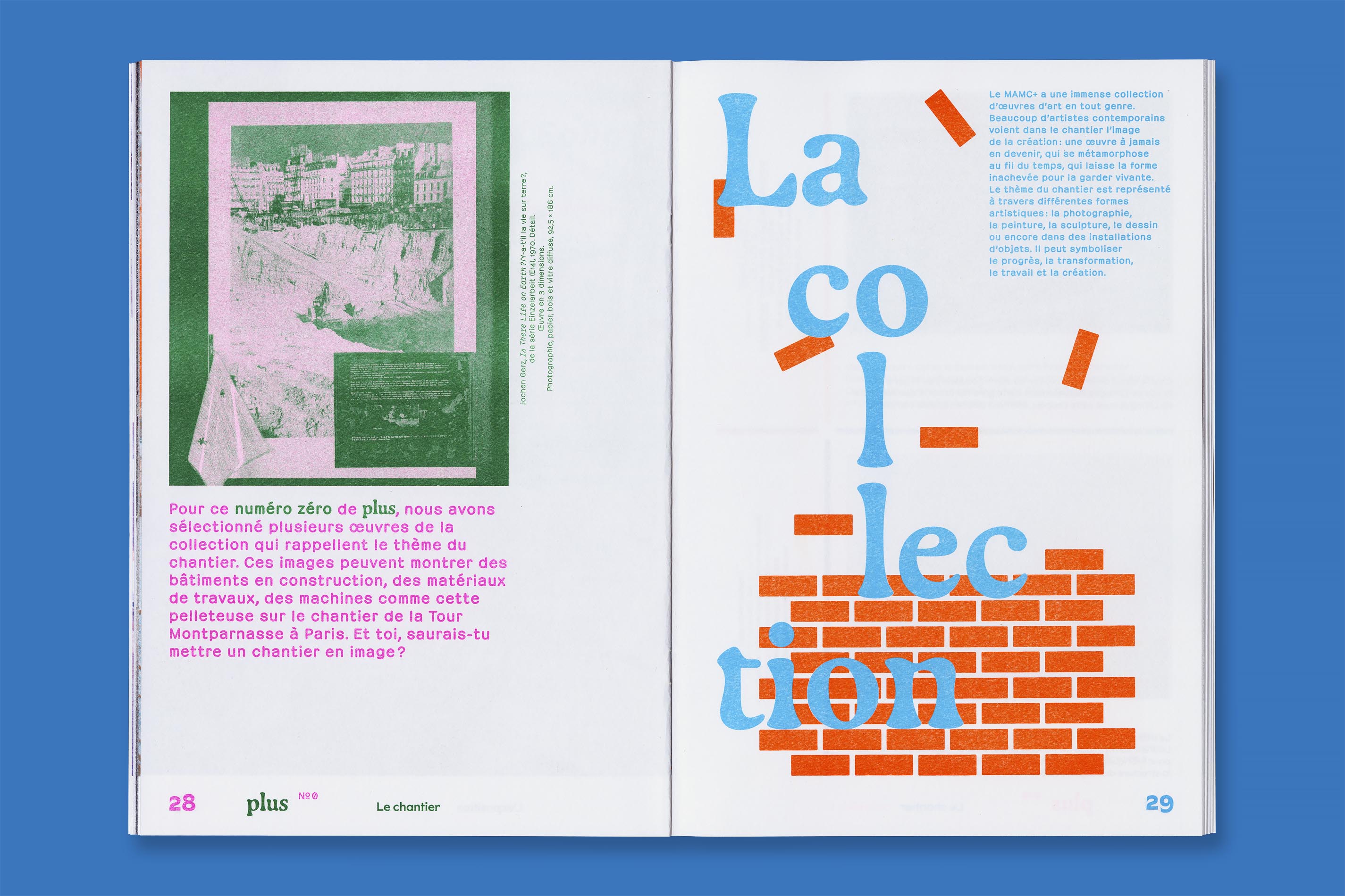 Identité visuelle, design graphique et impression riso de la revue Plus et du poster jeux Petit Plus du MAMC+