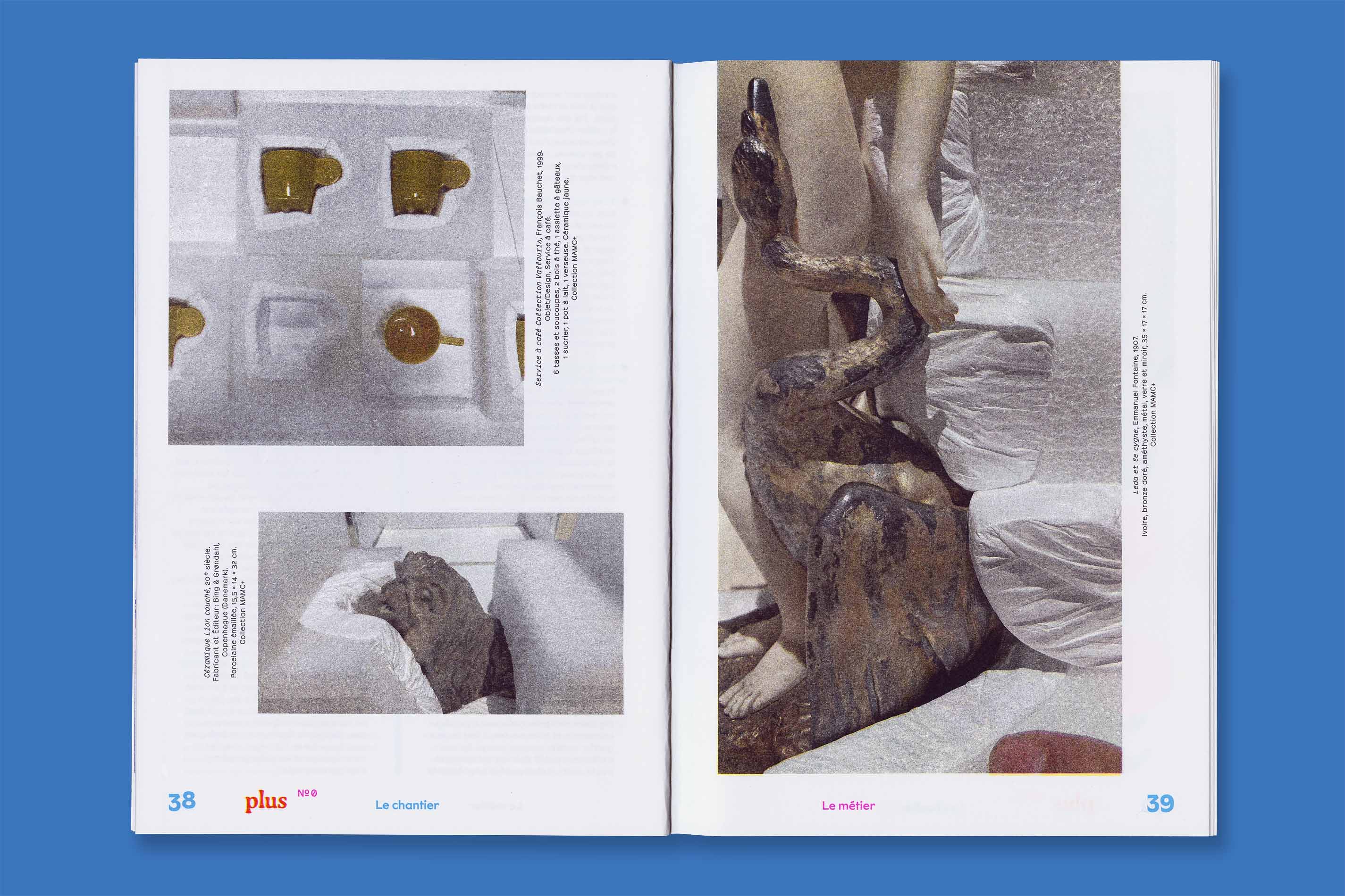 Identité visuelle, design graphique et impression riso de la revue Plus et du poster jeux Petit Plus du MAMC+