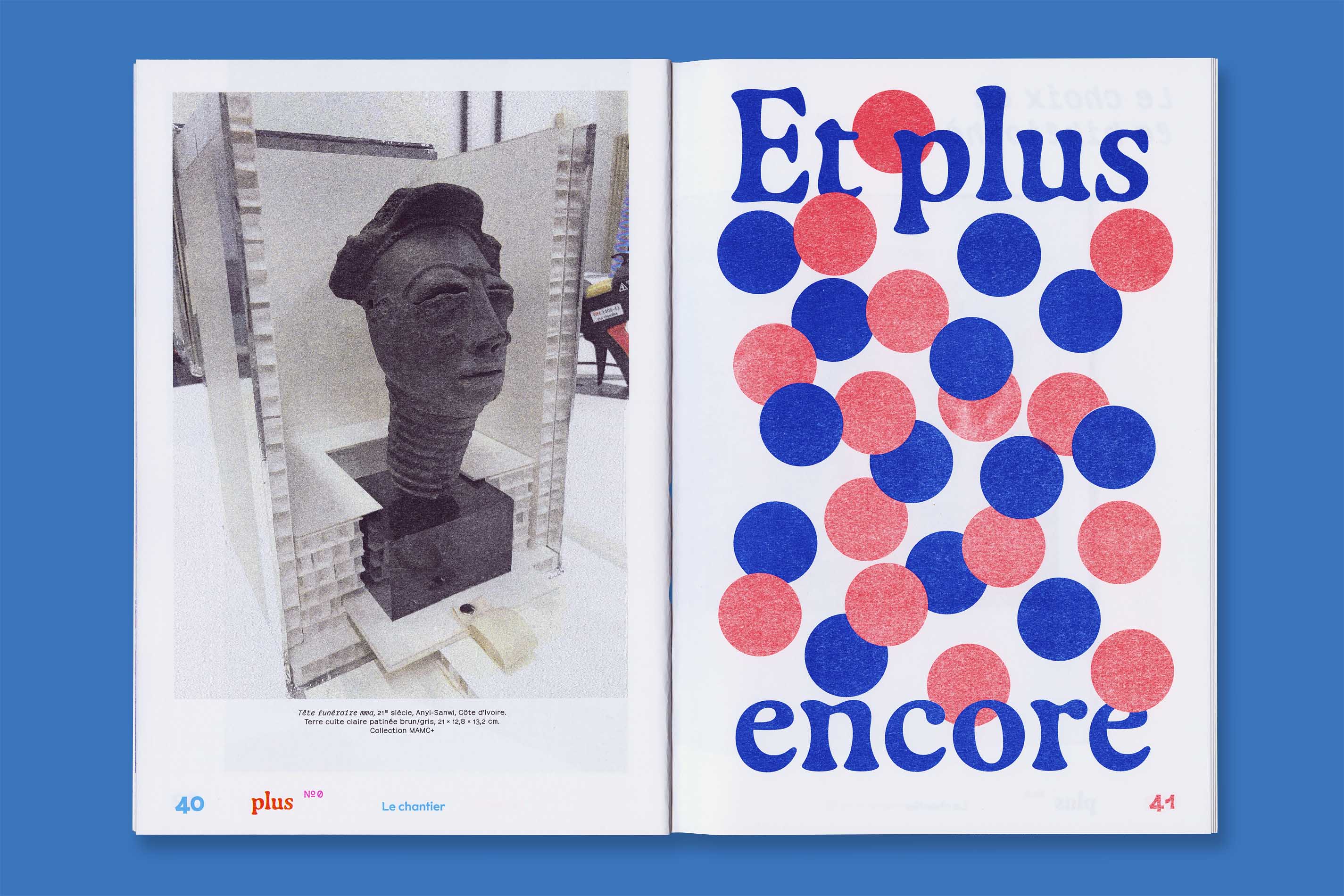Identité visuelle, design graphique et impression riso de la revue Plus et du poster jeux Petit Plus du MAMC+