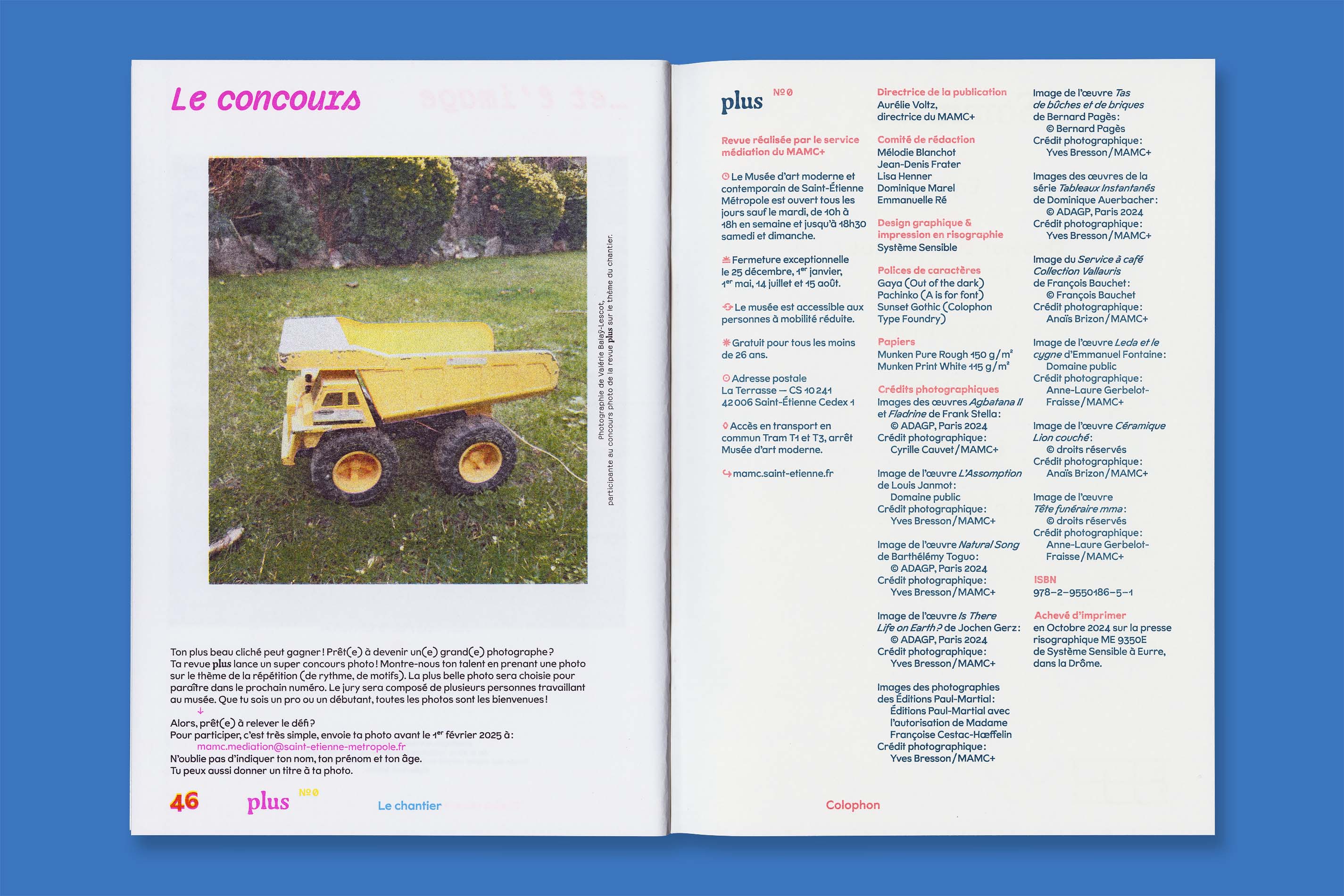 Identité visuelle, design graphique et impression riso de la revue Plus et du poster jeux Petit Plus du MAMC+