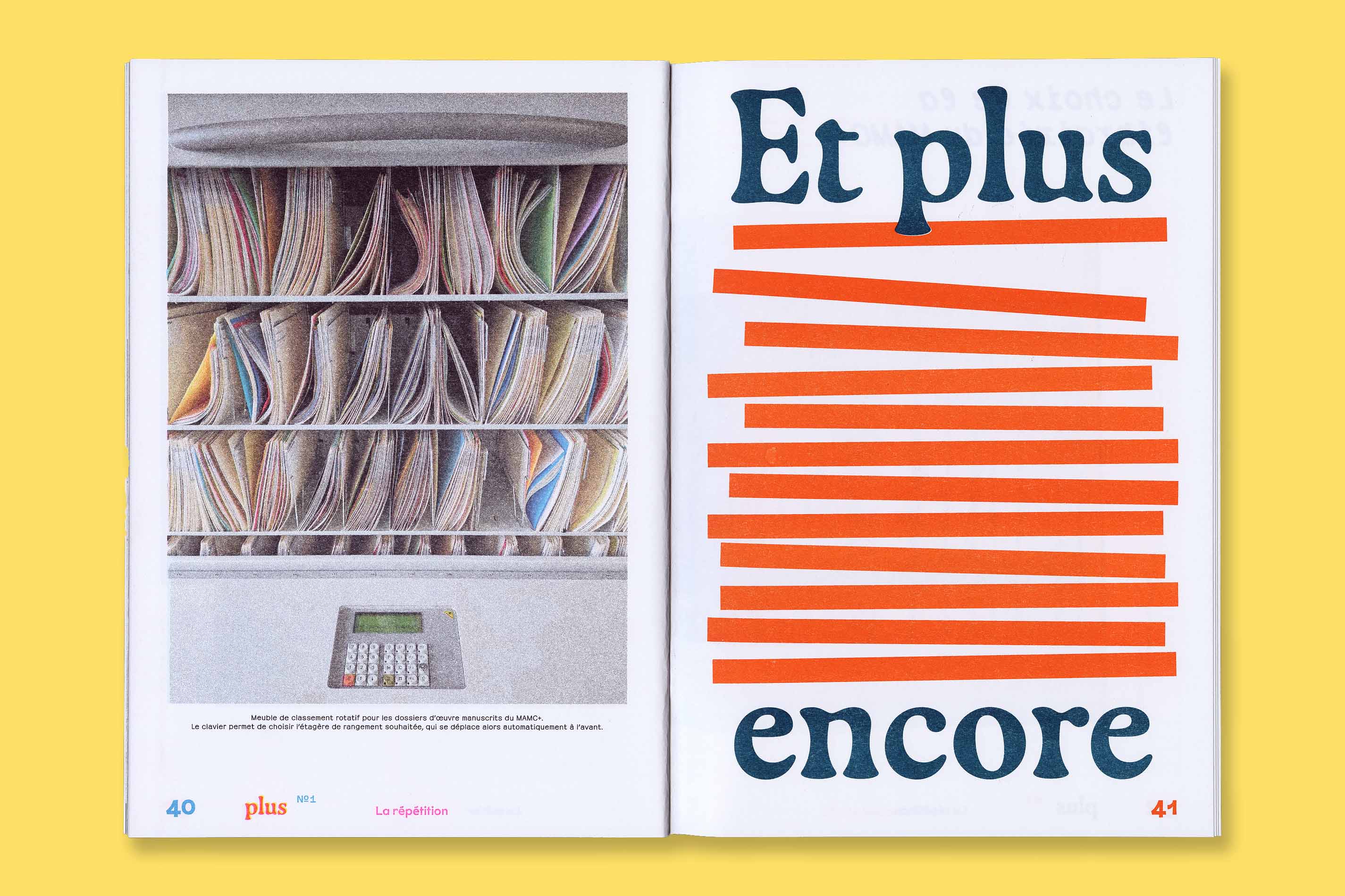 Design graphique et impression risographie de la revue Plus N°1 La Répétition pour le MAMC+